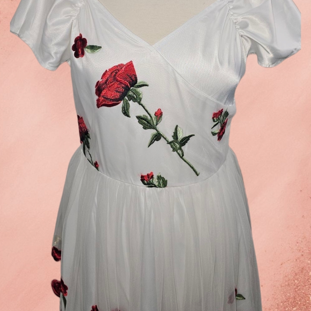 White Dress with Red Rose Embroidery